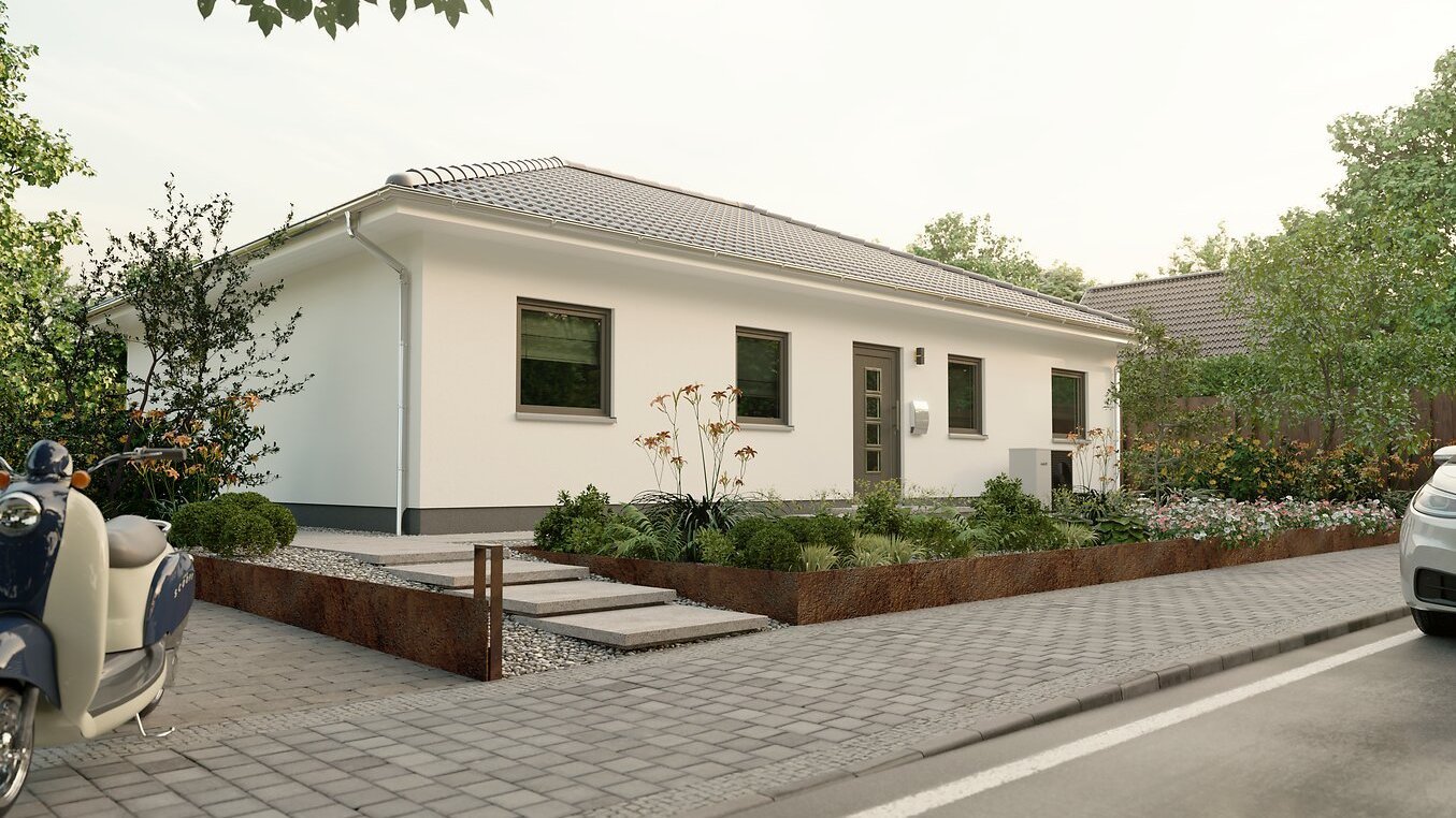 Bungalow 110 Außenansicht mit klarer Linienführung und Garten